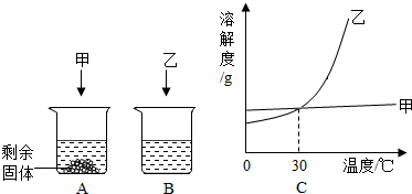 如图t℃时,分别向盛有20g水的两个烧杯中加入5g的甲,乙两种物质,充分