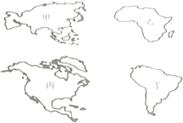 请将甲乙丙丁四大洲的轮廓与所对应的大洲的名称填写在表中
