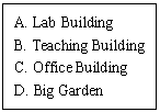 �ı���: A. Lab Building
B. Teaching Building
C. Office Building
D. Big Garden
E. Library  
