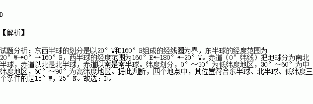 北半球.低緯度三個條件的是( )a.165°e.20°n b.21°w.5°nc.15°w.