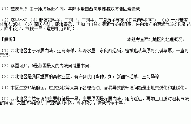 读“我国西北地区图 .回答问题. (1)图中从A.B.C植被类型依次为草原. .荒漠.主要原因是由于 .(2)D是全国最大的内流河 .(3 ...