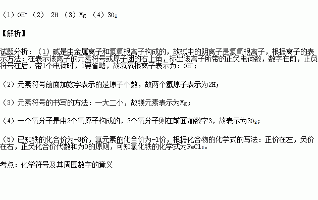 (5)写出氯化铁的化学式并标出该化合物中铁元素的化合价