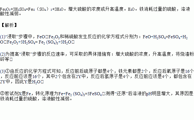 增大硫酸的浓度或升高温度h2o铁消耗过量的硫酸,溶液酸性减弱