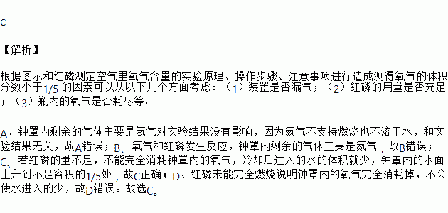 用该装置测定空气中氧气含量时.红磷燃烧结束后.待恢复到原温度时.