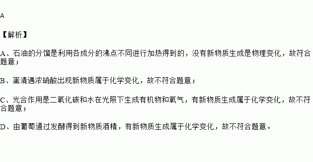 下列變化不屬於化學變化的是( )a. 石油分餾 b. 蛋清遇濃硝酸變黃c.