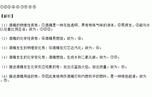 具有特殊气味的液体②易挥发③能与水以任意比例互溶④酒精易燃烧