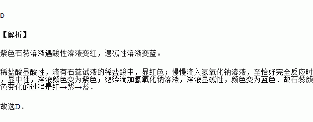 向滴有石蕊试液的稀盐酸中慢慢滴入过量氢氧化钠溶液石蕊颜色变化的