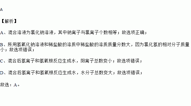 等质量的氢氧化钠溶液和稀盐酸混合后若所得溶液ph=7则( )a