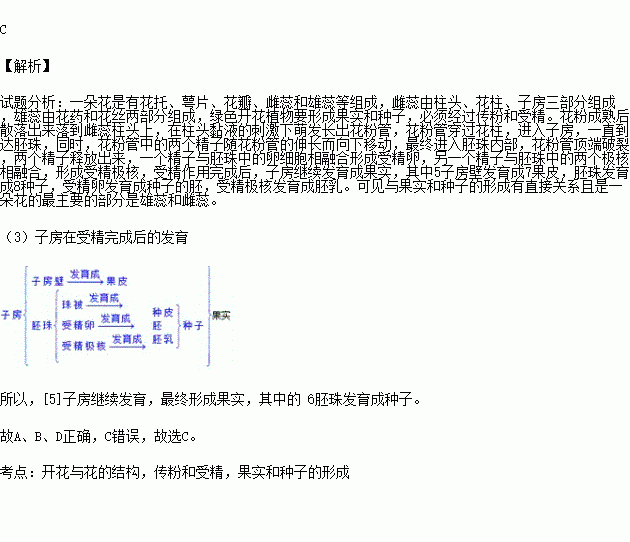 花中最重要的部分是雄蕊和雌蕊b.[4]中的精子到達胚珠完成受精作用c.