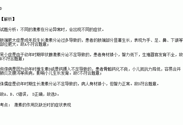 某人身体矮小.但是智力正常.这人患有a.肢端肥大症 b.呆小症c.