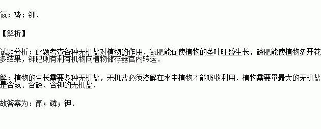 植物的生活需多种无机盐,其中需要量最多的是含,含和含的无机盐.