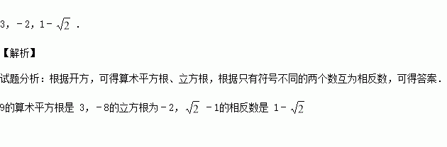 9的算術平方根是 .-8的立方根為 .-1的相反數是 .