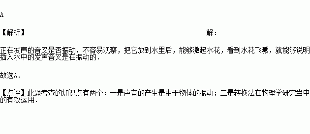 如圖所示.將正在發出聲音的音叉放入水中.能觀察到音叉周圍濺起許多水