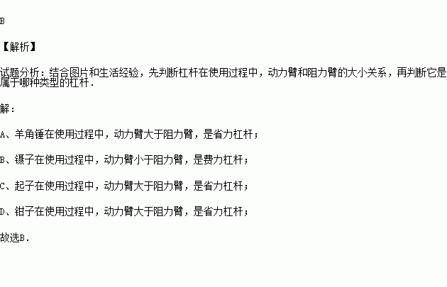 屬於費力槓桿的是( )a.羊角錘 b.鑷子 c.開瓶起子 d.