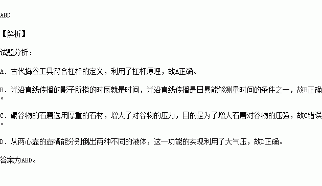 古代搗谷工具利用了槓桿原理 b.光沿直線傳播是日