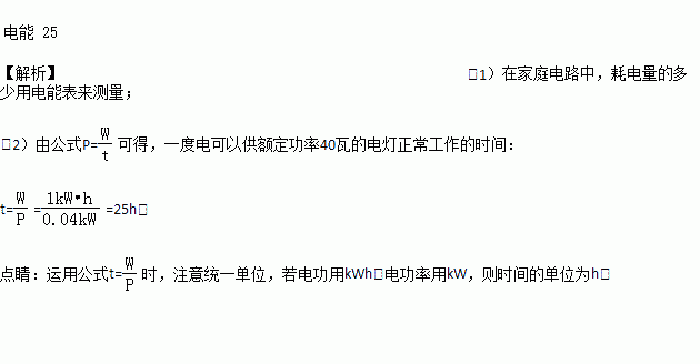 家庭耗電量用表測量一度電可以供額定功率40瓦的電燈正常工作小時