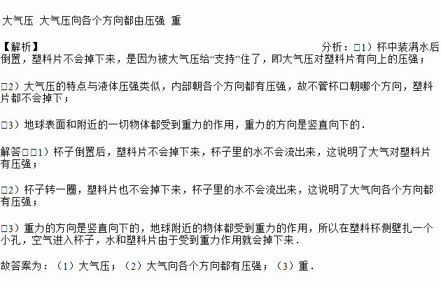 如图是覆杯实验塑料片和水不会掉下来