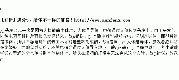 静电球时参观者的头发丝便会一根根地竖起形成怒发冲冠的奇妙景象如图