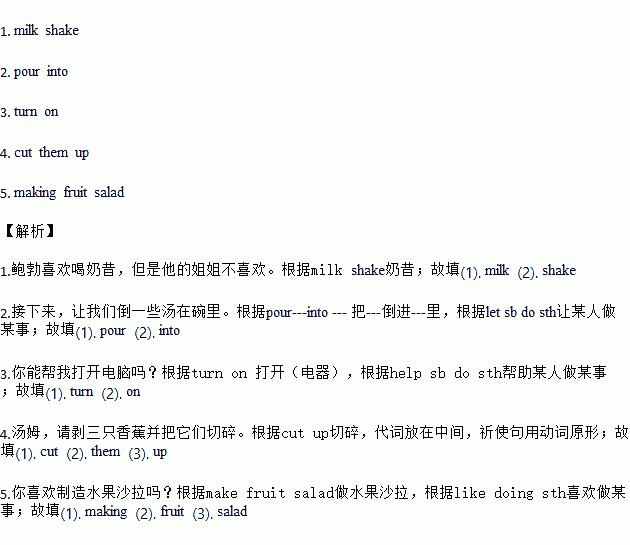 根據漢語意思完成英語句子.每空一詞.1.鮑勃喜歡喝奶昔.