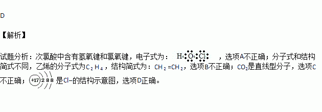 次氯酸的电子式 b乙烯的结构简式:c2h4c二氧化碳的比例模型: d