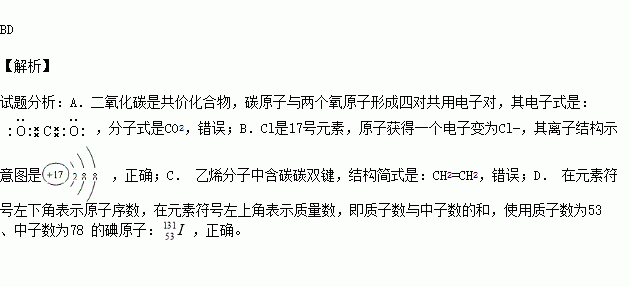 cl-的結構示意圖:c.乙烯的結構簡式:ch2ch2d.質子數為53 .