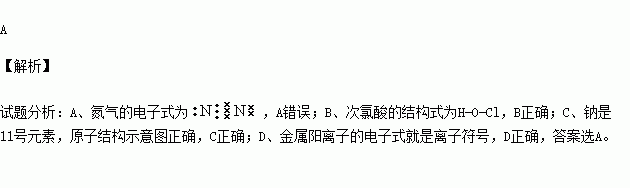 氮氣的電子式::n:::n: b.次氯酸分子的結構式:h-o-clc.