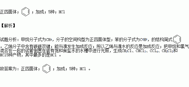 甲烷分子的空间构型苯的结构简式乙烯与溴水的反应是反应把甲烷和氯气