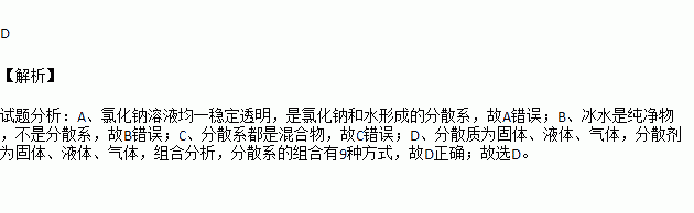 "冰水混合物 是一种分散系c.分散系有的是纯净物.有的是混合物d.分散