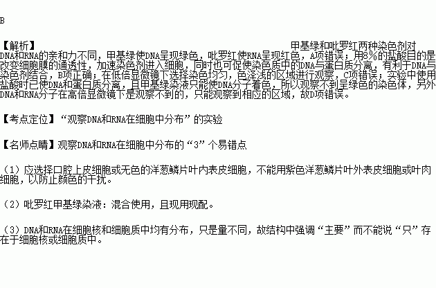 甲基绿染液只对dna有亲和力.吡罗红染液只对rna有亲和力.