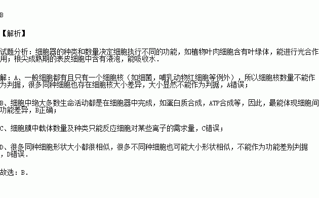 題目 a.細胞核的大小和數量 b.細胞器的種類和數量 c.