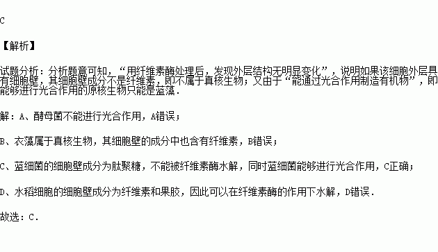 某生物細胞用纖維素酶處理發現外層結構無明顯變化但能通過光合作用