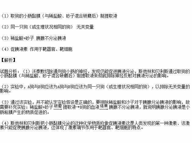 以下是斯他林和贝利斯发现动物体内某激素的部分实验