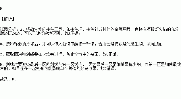 下列有关平板划线接种法的操作错误的是( )