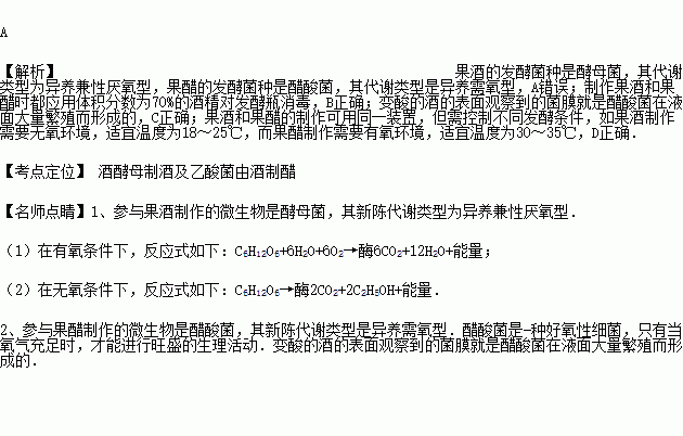 错误的是( )a果酒和果醋的发酵菌种不同但代谢类型相同b