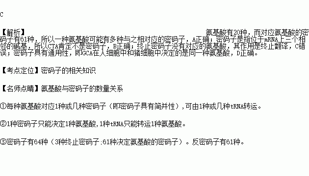 每種密碼子都有與之對應的氨基酸d.