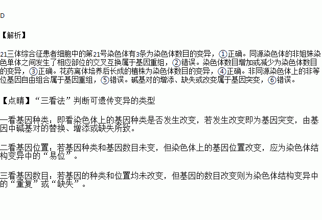 缺失或改變⑤非同源染色體上的非等位基因自由組合④花葯離體培養後長