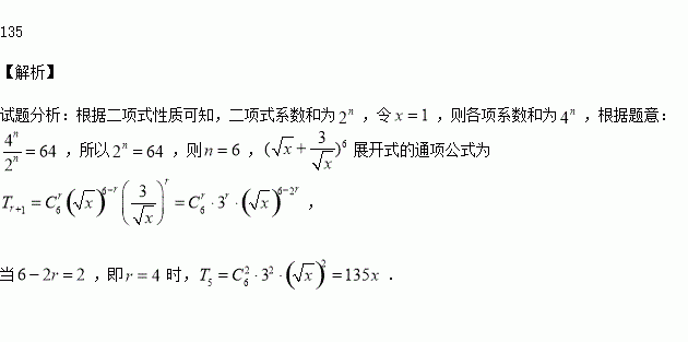 已知二项式的展开式中,各项系数的和与其各项二项式系数的和之比为,则