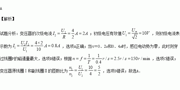 2s和0.4s時,穿過線圈p的磁通量最小 c.線圈p的轉速為300r/min d.