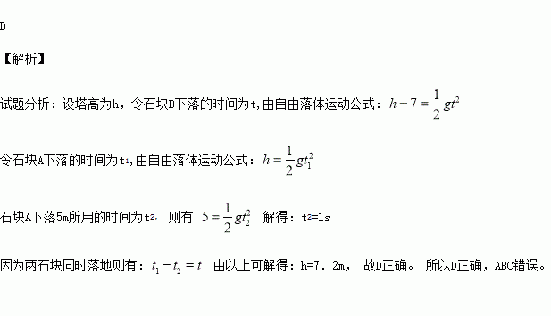 石塊a自塔頂從靜止開始自由落下5m時石塊b從離塔頂7m處由靜止開始自由