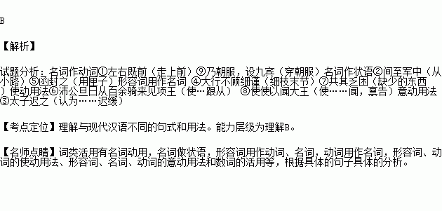 下列各组选项词类活用分类正确的一项是①右既前②间至军中③太子