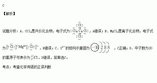 中子數為20的氯原子:20clc.s2-的結構示意圖:b.mgcl2的電子式:a.