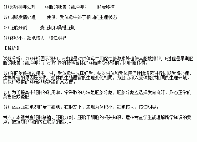 下圖為牛胚胎移植的基本程序.請據圖回答:(1)圖中a.b.c過程分別是指 .