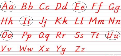 根據字母表的順序寫出26個字母的大小寫形式並圈出元音字母5分