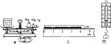 如图甲中所示天平的读数是g如图乙中铅笔的长度是cm如图丙中弹簧测力