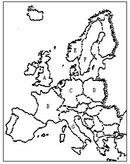 (1)将图中各字母所代表的国家名称填在图下的横线上