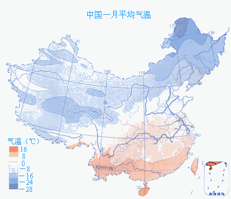 读中国一月平均气温图,完成下列各题