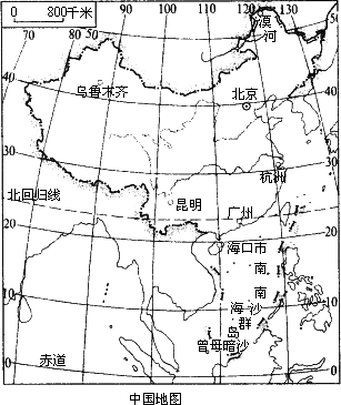 读中国地图 回答问题: (1) 图中位于30120附近的城市是 ,位于20