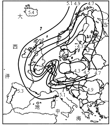 下图是"欧洲某年降水ph值等值线 图.