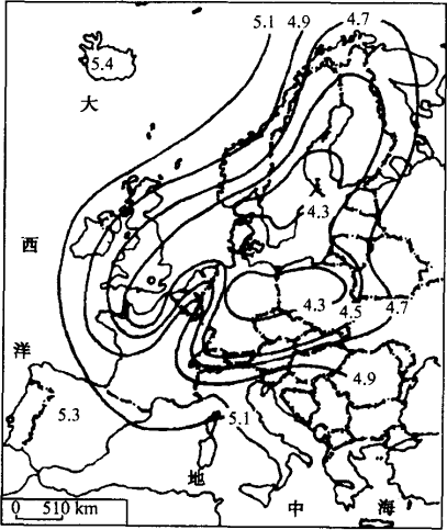 如图是某年欧洲降水ph值等值线图,读图回答