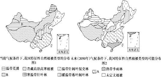 下面两幅图为模拟的我国特征性自然植被的目前分布状况和未来的可能